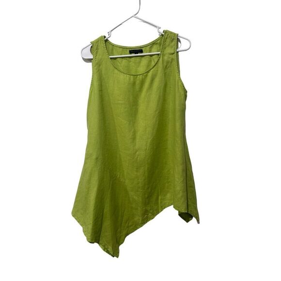 For Cynthia Kiwi Green Asymmetrical Sleeveless Linen Blouse Size S Oversized - Picture 1 of 9